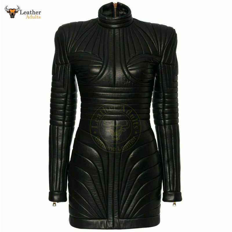Womens Black Leather Trench Steampunk Dress Gothic PUNK Victorian Coat Jacket