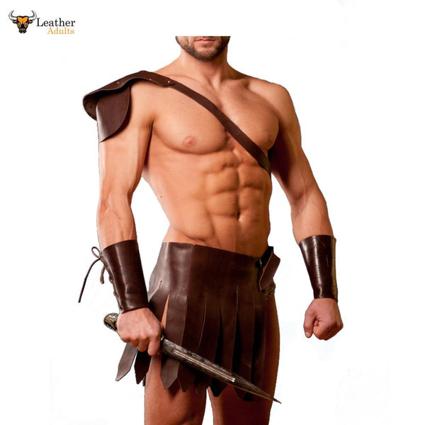 Leather Brown Roman Gladiator Kilt Set with Gauntlets LARP Most Sizes