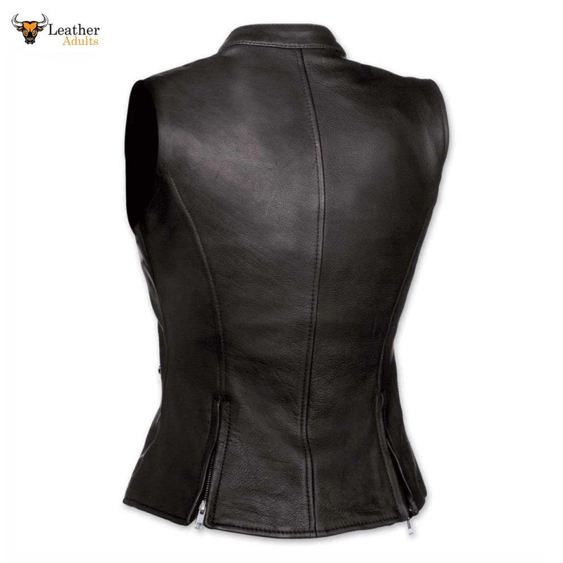 Ladies Soft Black Leather Bikers Waistcoat Vest W9
