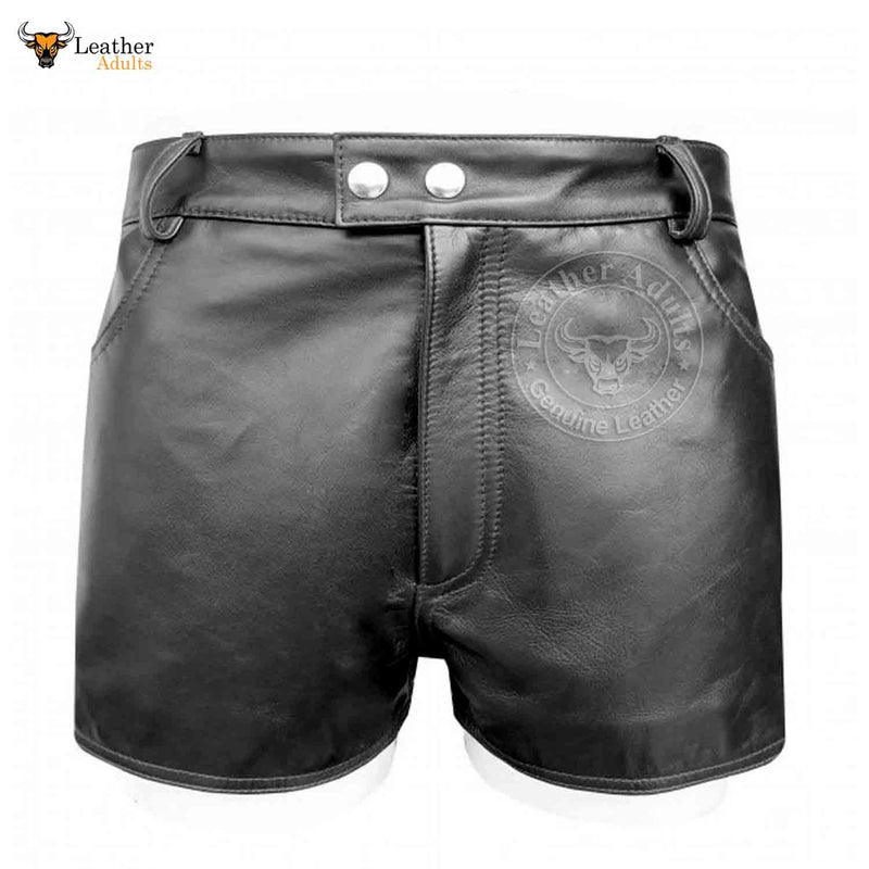 MENS 100% GENUINE LEATHER SEXY BLACK SHORTS With Two Pockets