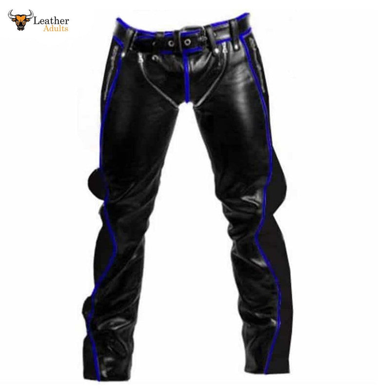 Mens Black Cowhide Leather Bondage Jeans With Blue Piping BLUF Leder Breeches