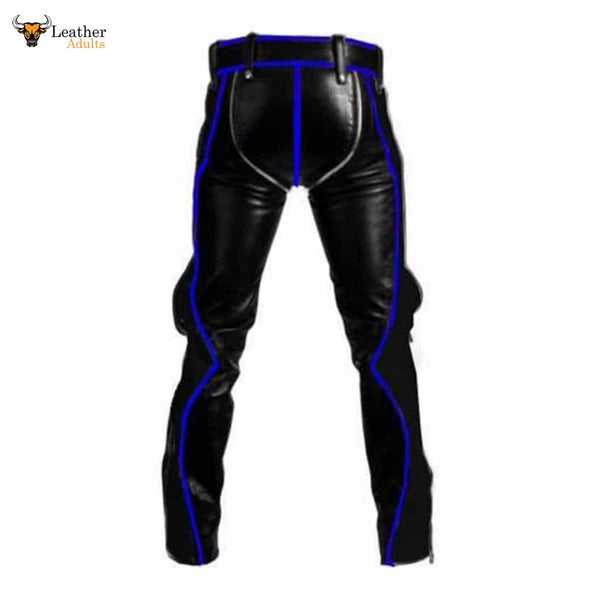 Mens Black Cowhide Leather Bondage Jeans With Blue Piping BLUF Leder Breeches