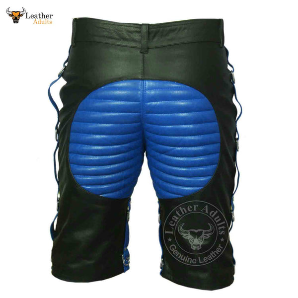 MENS REAL LEATHER BLACK AND Blue SHORTS Clubwear or Bondage Genuine Cow Leather Shorts