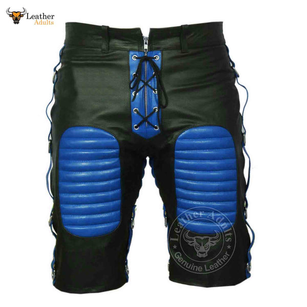 MENS REAL LEATHER BLACK AND Blue SHORTS Clubwear or Bondage Genuine Cow Leather Shorts