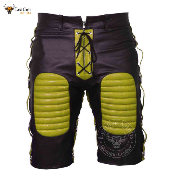 MENS REAL LEATHER BLACK AND Yellow SHORTS Clubwear or Bondage Genuine Cow Leather Shorts