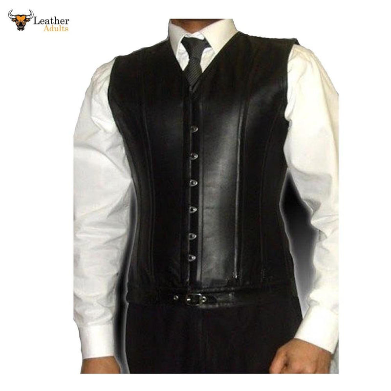 Men's Lambs Leather Steel Boned Steampunk Waistcoat Vest Corset Goth Victorian Vest