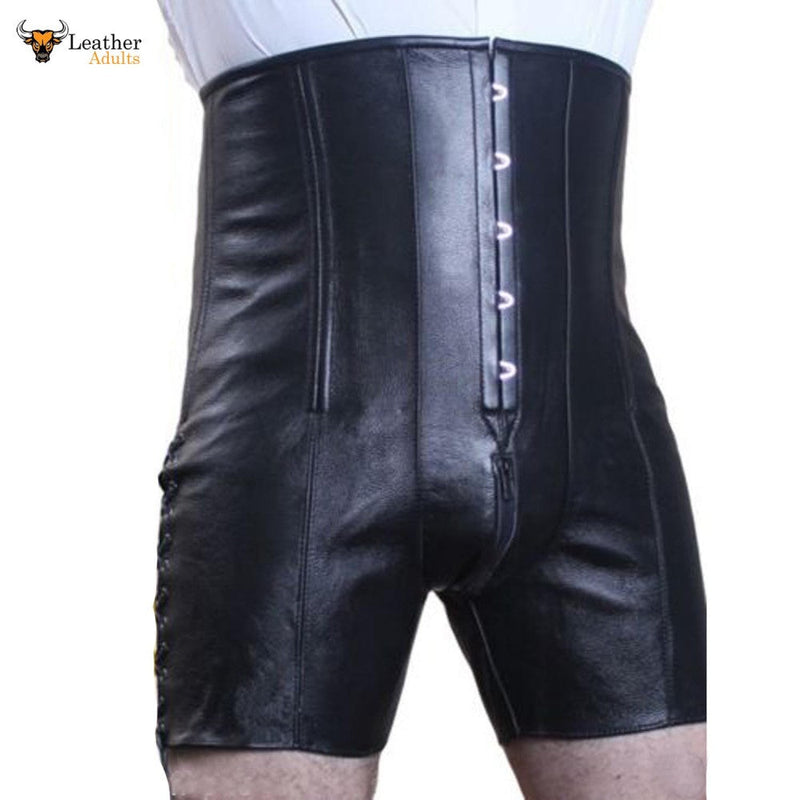 Men's Leather Corset Shorts with High Waist And Steel Boning