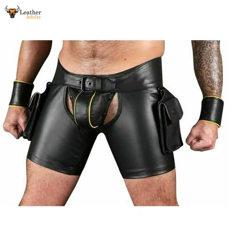 Men's Black Cowhide Leather Chaps Shorts Leather Chaps Shorts With Wrist Bands