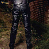 Men's Black Cow Leather Double Zip GAY Trousers Pants Bikers Jeans Schwarz