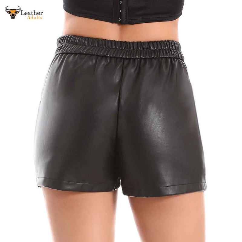 Womens Elastic Waist Loose Shorts Real Lambskin Leather Shorts with Pockets