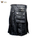 Men's Leather Black Utility Kilt Twin CARGO Pockets Pleated with Twin Buckles