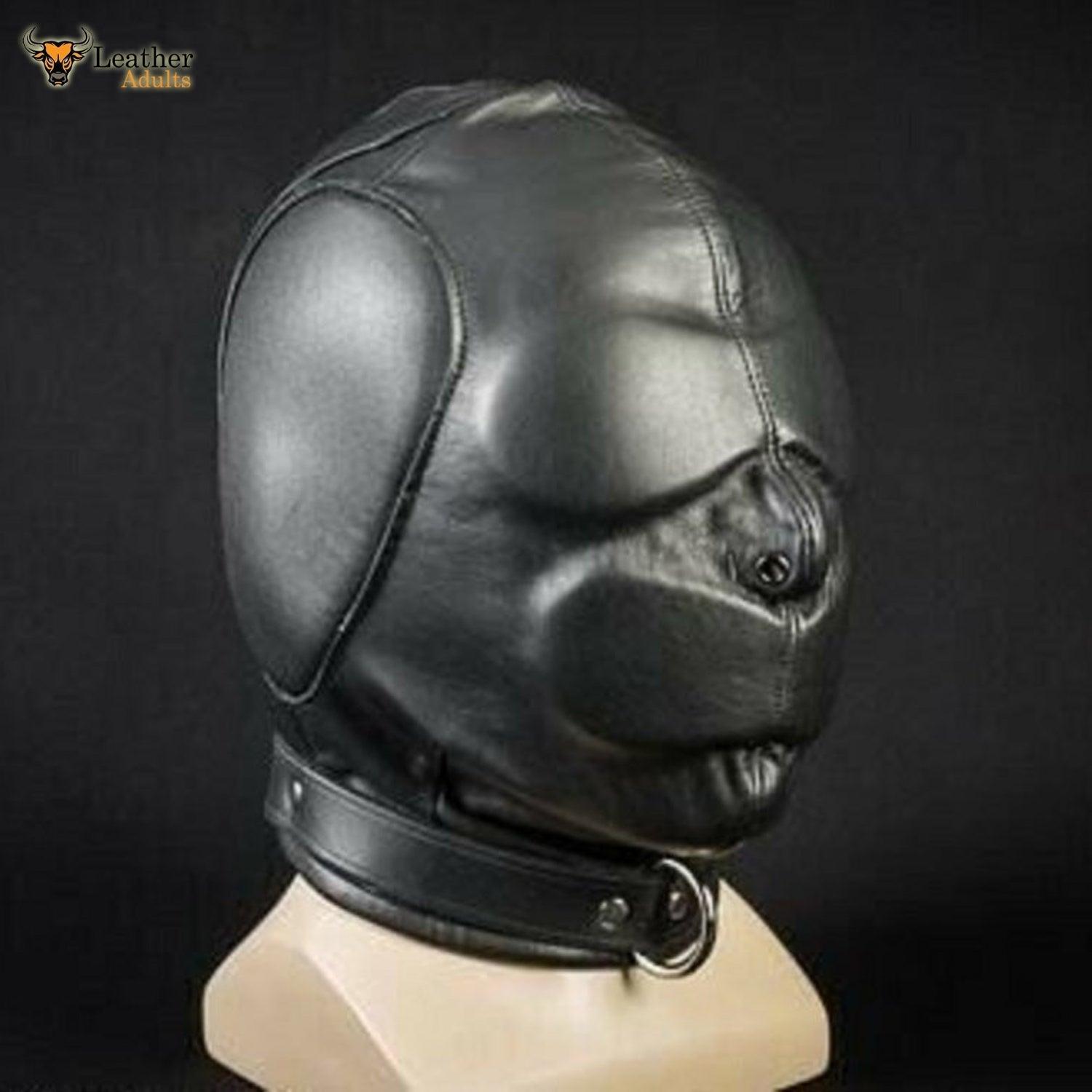 Adjustable Black PU Leather Sex Mask With Ball Mouth Gag Open Eyes