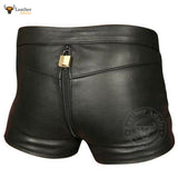 Mens Black Real Cowhide Leather Chastity Shorts Double Zips Shorts