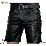 Mens Handmade Black Genuine Leather Shorts Side Laces Shorts Party Wear Shorts