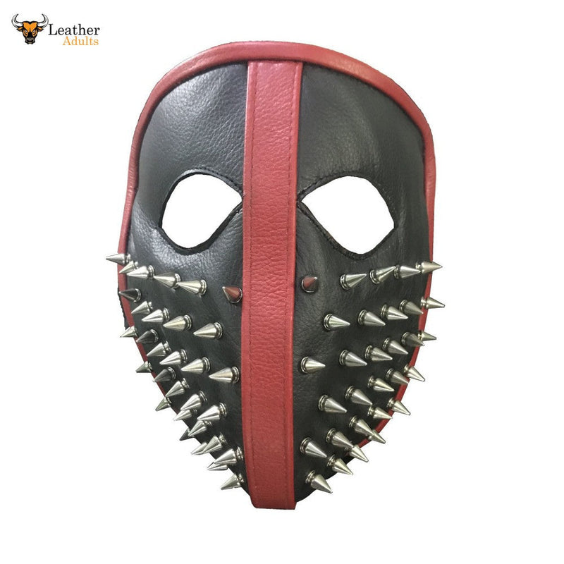 Men Punk Biker Genuine Leather Full face spike Mask Masquerade Black Cosplay