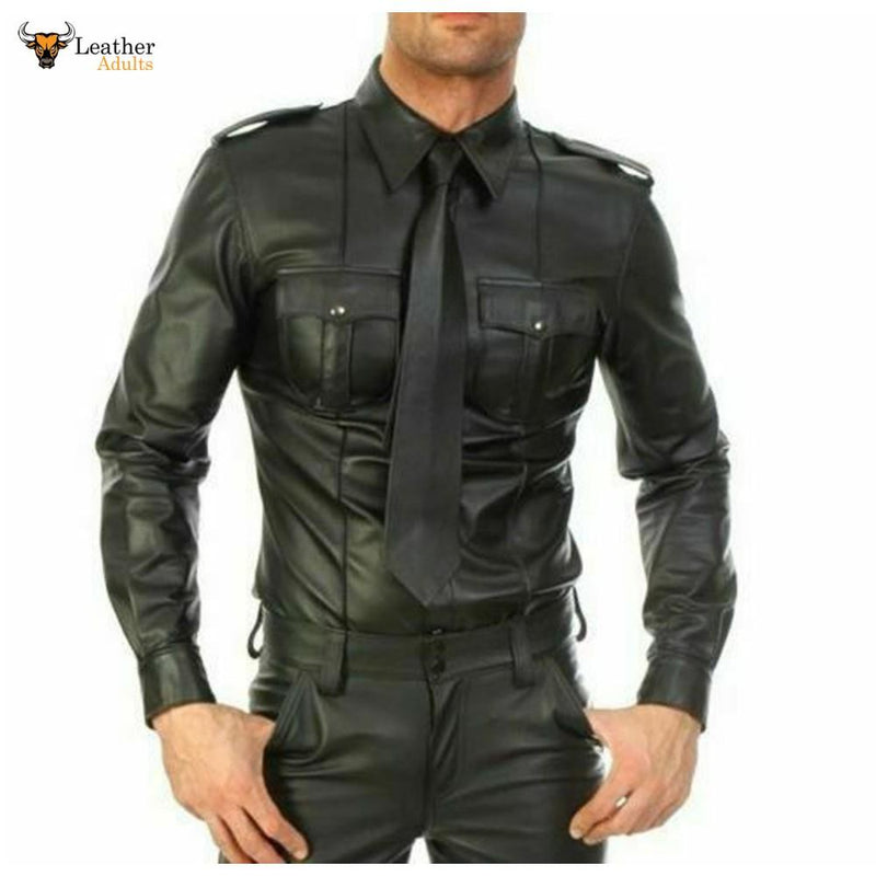 MENS REAL LEATHER Black Police Military Style Shirt BLUF FULL SLEEVES Gay Shirt