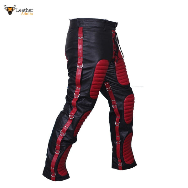 Mens Black Real Cowhide Leather Heavy Duty Bondage Jeans Trousers With Red Contrast