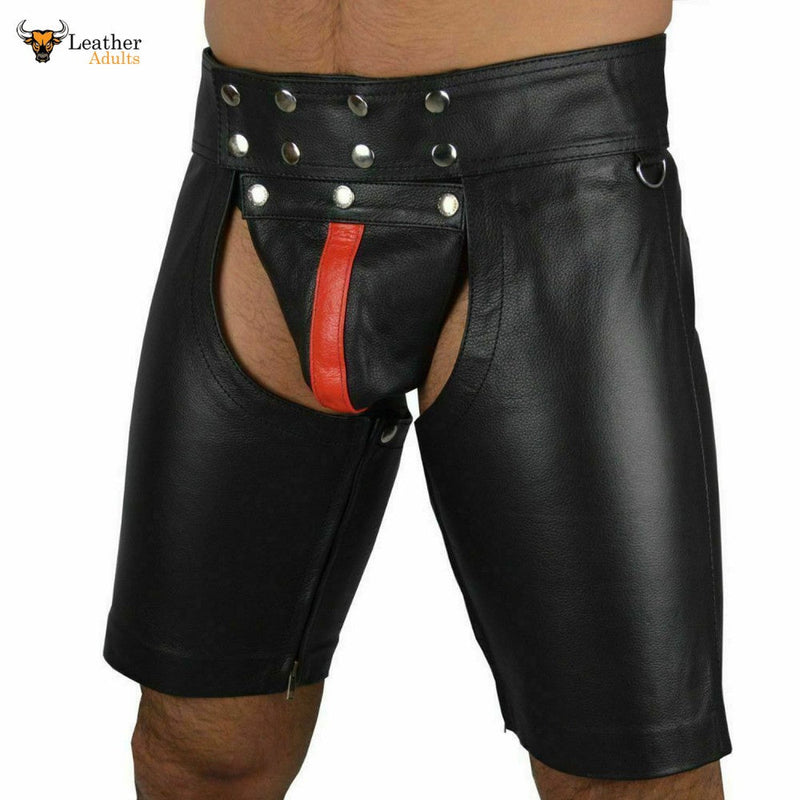 Men's Black Real Cowhide Leather Chaps Shorts Leather Chaps Shorts with Red Stripe