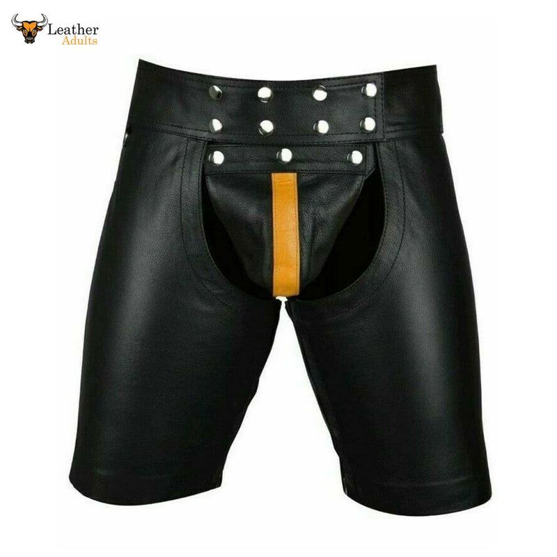 Men's Black Real Cowhide Leather Chaps Shorts Leather Chaps Shorts with Yellow Stripe