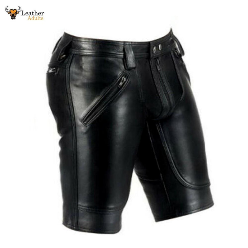 Mens Real Cow Leather Black Shorts Clubwear Leisure with Full Front to Rear Zip