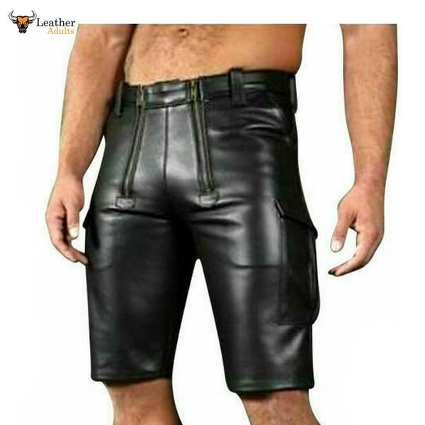 Mens Real Cow Leather Black Cargo Shorts with Double Zip Carpenter Utility Shorts