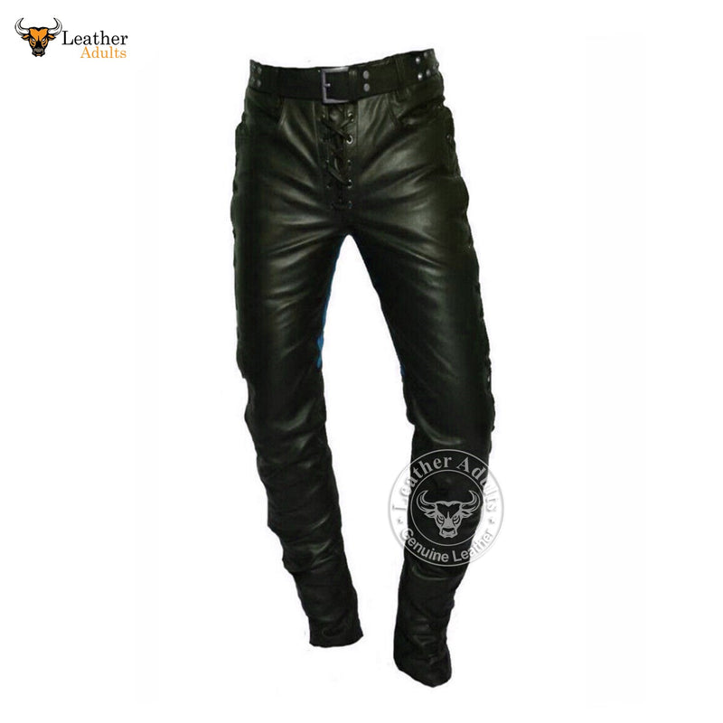 Mens Real Leather Bikers Pants Side and Front Laces Up Blue Contrast Leather Trousers