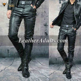 Men's Real Leather Slim Fit Bikers Pants Side and Front Laces Up Bikers Pants Trousers