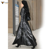 Womens Ladies Black Pure Lambskin Nappa Leather Long Leather Dress Gown Suit Gothic Trench Coat