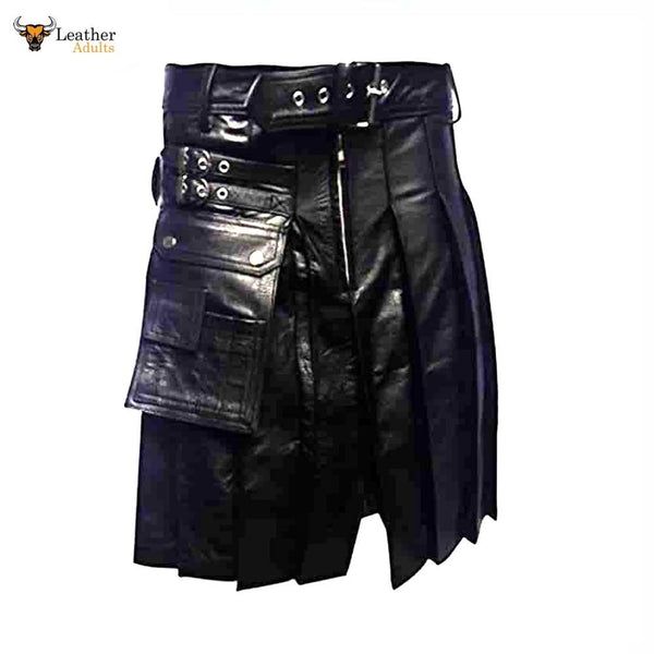 Mens Leather Gladiator Pleated Kilt – K5 -BLK