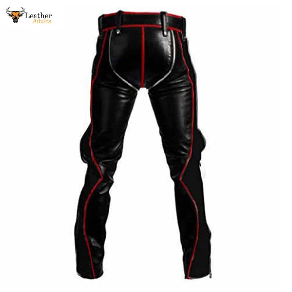 Mens Black Cowhide Leather Bondage Jeans With Red Piping BLUF Leder Breeches