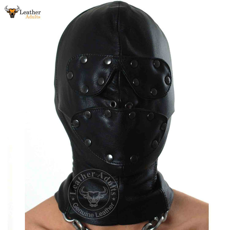 Sensory detachable eyes and mouth laced closure Hood Bondage BDSM Mask Black Soft Leather Unisex Hood