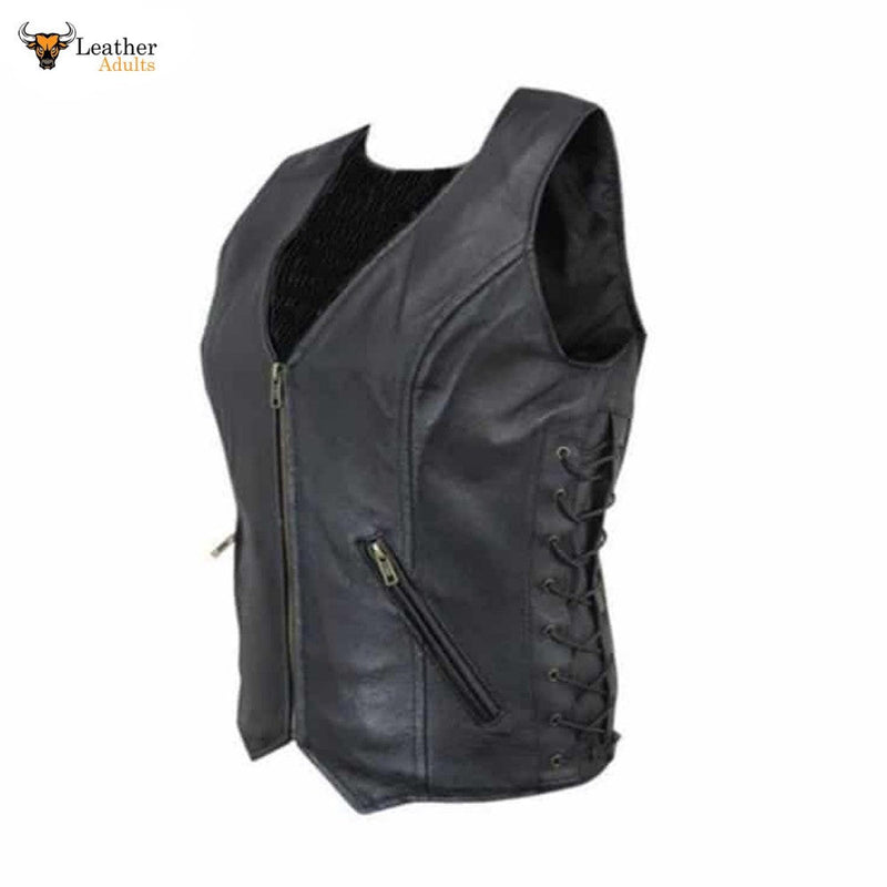 Ladies Soft Leather Waistcoat Vest With Detailed Side Lacing Biker Style Vest W3
