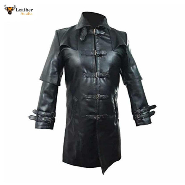 Mens Black Cowhide Leather Matrix Goth Trench Coat Gothic Trench Coat Steampunk T5 BLACK