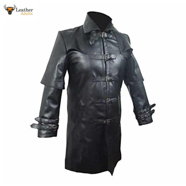 Mens Black Cowhide Leather Matrix Goth Trench Coat Gothic Trench Coat Steampunk T5 BLACK