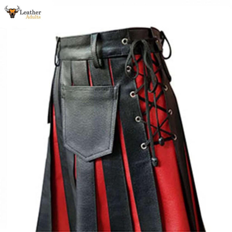 Mens Black and Red Real Leather Gladiator Pleated Utility Kilt Flat Front Pocket Wrap