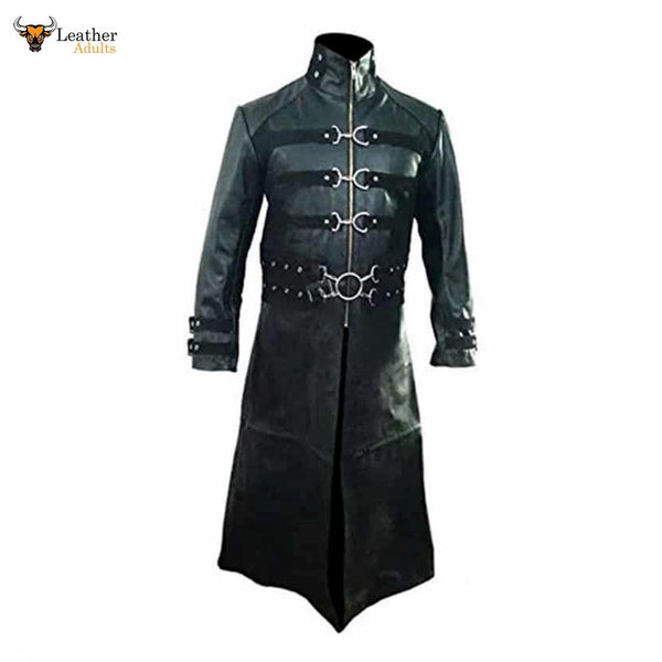 Mens Real Black Leather Goth Matrix Trench Coat Steampunk Gothic Van Helsing T21