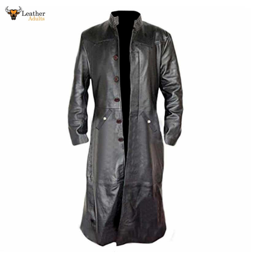 Mens Black Cowhide Leather Long Matrix Trench Coat Goth Steampunk Van Ksk Leather 7654