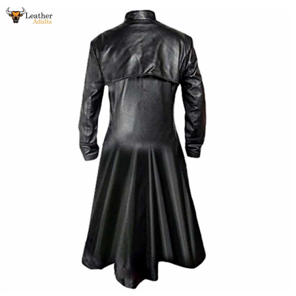 Mens Black Cowhide Leather Long Matrix Trench Coat Goth Steampunk Van Ksk Leather 3398