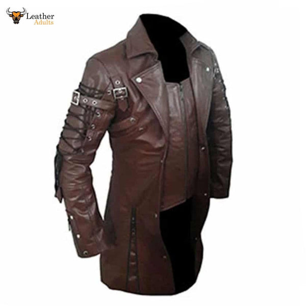 Mens REAL Brown Leather Goth Matrix Trench Coat Steampunk Gothic T18 BROWN