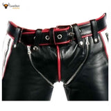 Mens Black Real Cowhide Leather Bondage Jeans Red and White Contrast BLUF Breeches