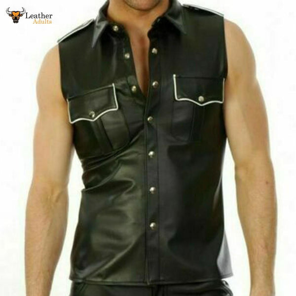 Mens Black Lambskin Leather Police Shirt With White Pipping Sleeveless Fetish BLUF
