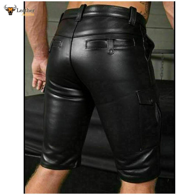 Mens Real Cow Leather Black Cargo Shorts with Double Zip Carpenter Utility Shorts