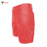 MENS 100% GENUINE RED LEATHER BERMUDA SHORTS with Five Pockets