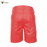 MENS 100% GENUINE RED LEATHER BERMUDA SHORTS with Five Pockets