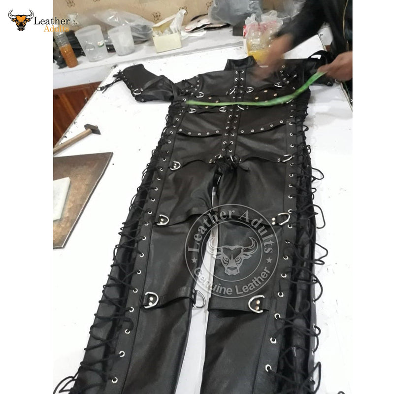 Mens Bondage jump suit cell suit Black Cow Leather Heavy Duty Restriction Catsuit BDSM