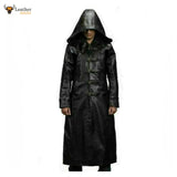 Mens Huntsman Black Hooded Cowhide Leather Steampunk Goth Matrix Trench Coat