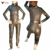 Womens Real Leather Catsuit Lederoverall Long Zipper Sexy Dress Cat suit Romper