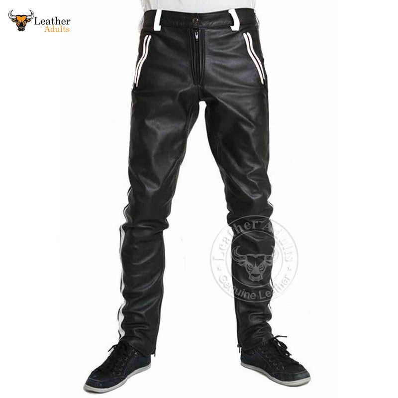Mens Cowhide Leather Pants Cropped Biker Pants White Stripe Leather Pants Clubwear Chino Trousers
