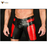 Mens Black Real Leather Foot Ball Rugby 3D Shorts with Red Contrast Sports Shorts