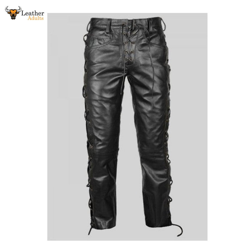Men's Real Leather Bikers Pants Side and Front Laces Up Bikers Pants Trousers